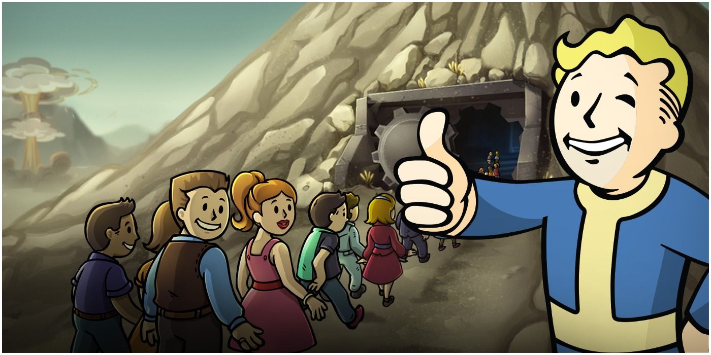 Vault boy giving thumbs up as happy people enter the vault