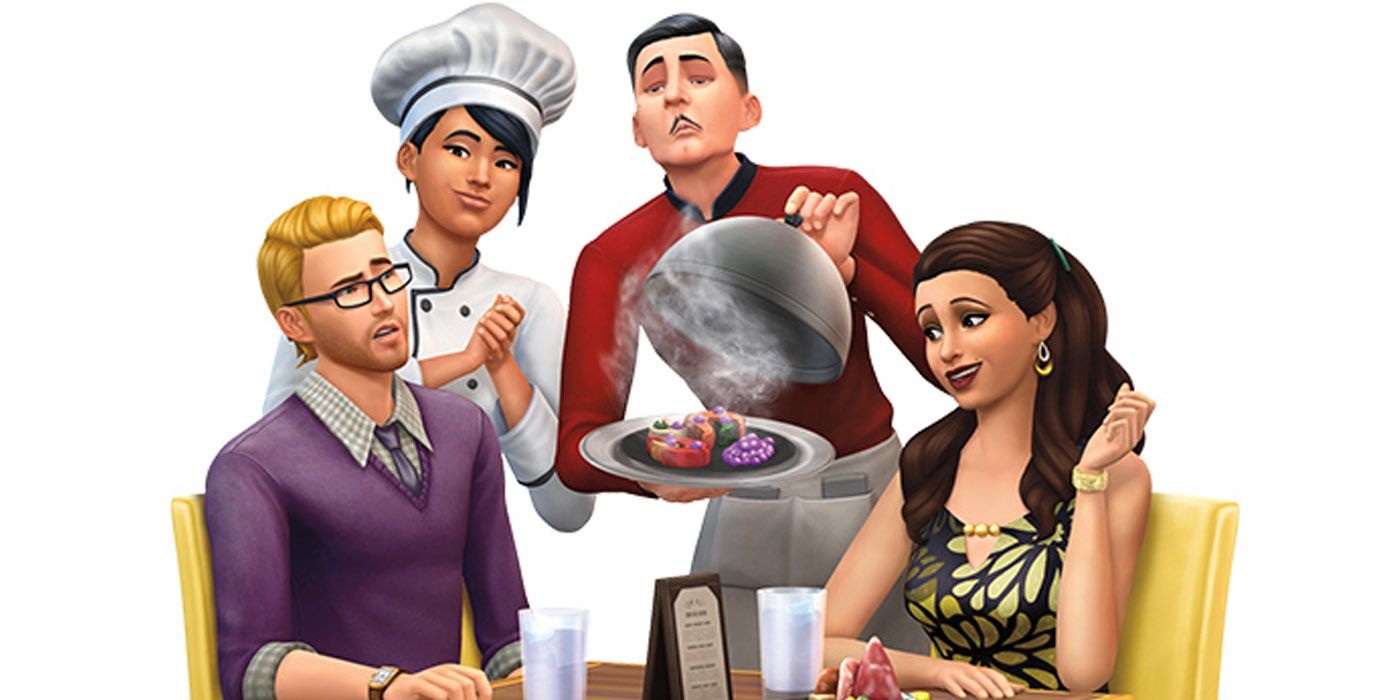 Dine Out Render - Two sims being served by a waiter as a chef looks on.