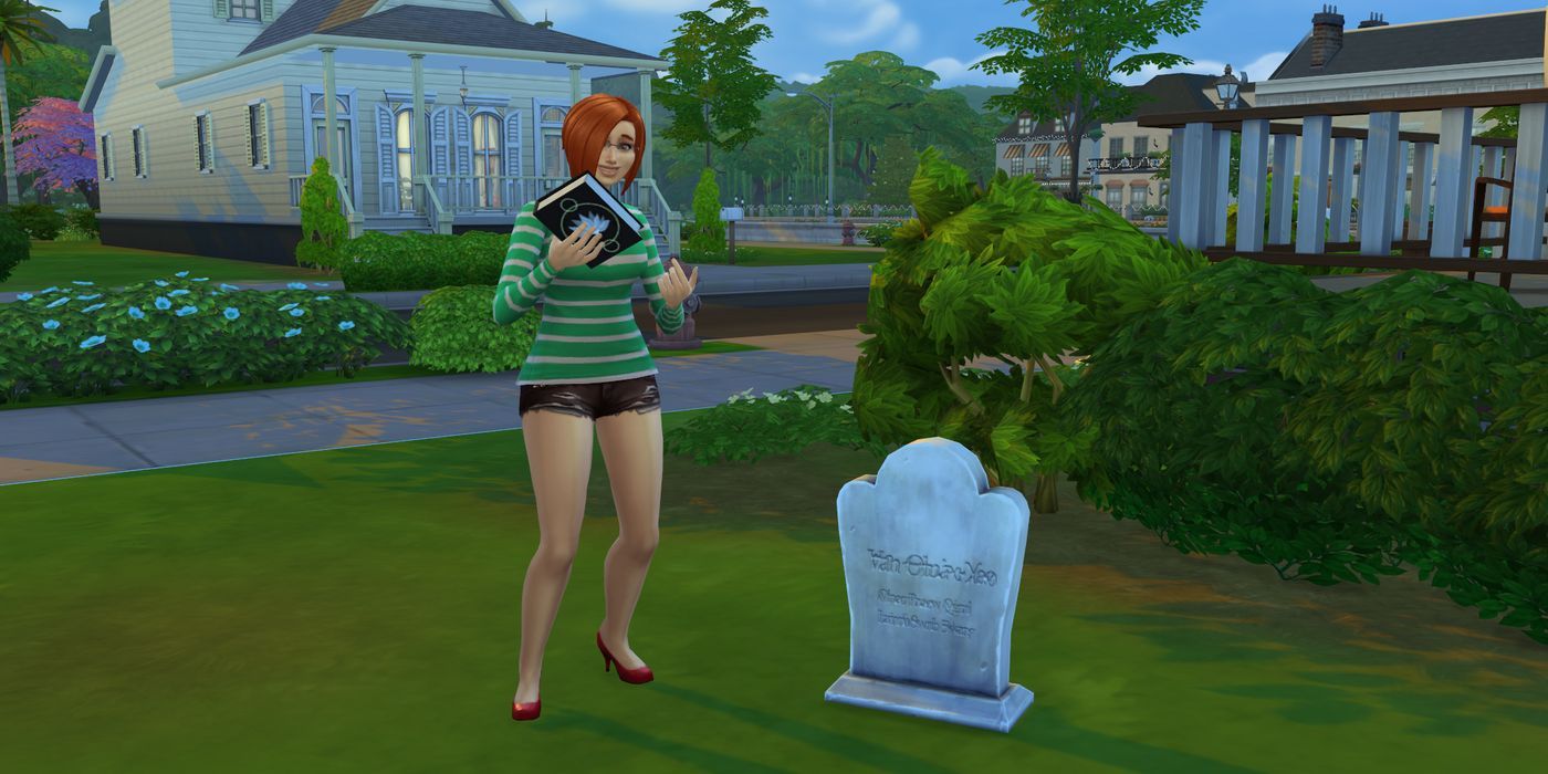 The Sims 4 Sim With Book In Hand Next To Grave Stone