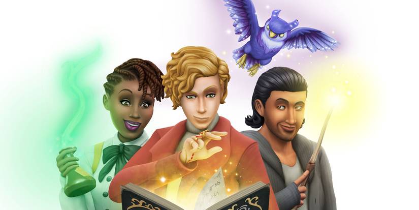 Realm of Magic Render - Three spellcasters with a potion, book and wand. A familiar flies above them.