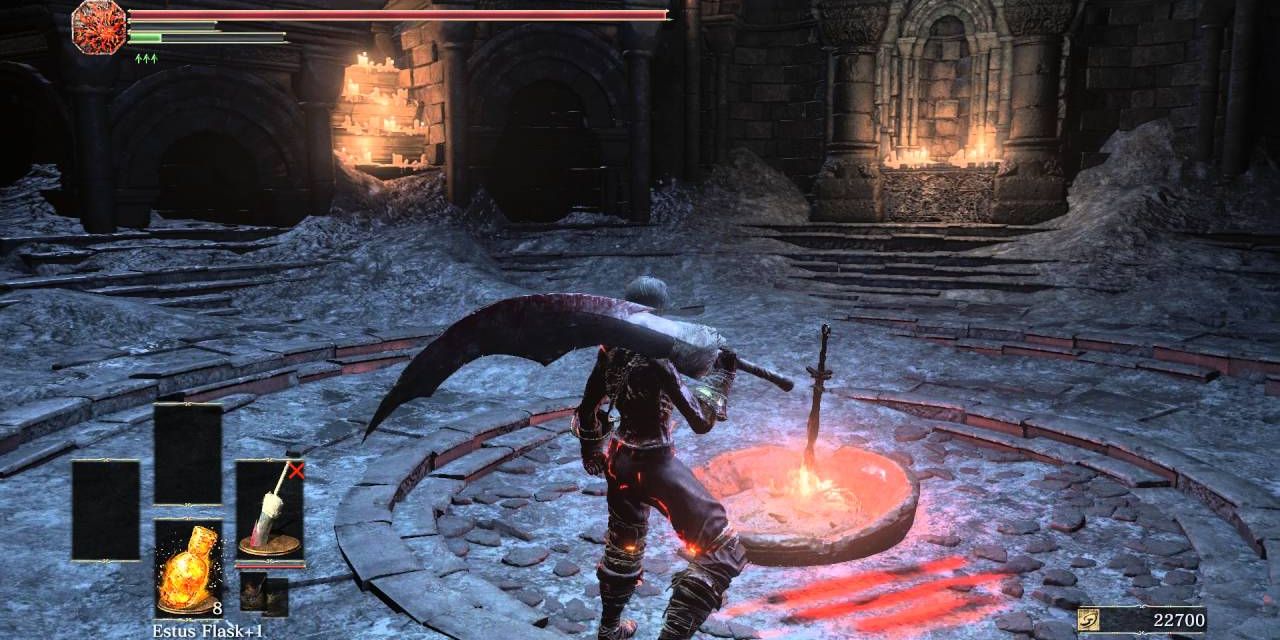 player with a curved greatsword at firelink shrin's bonfire