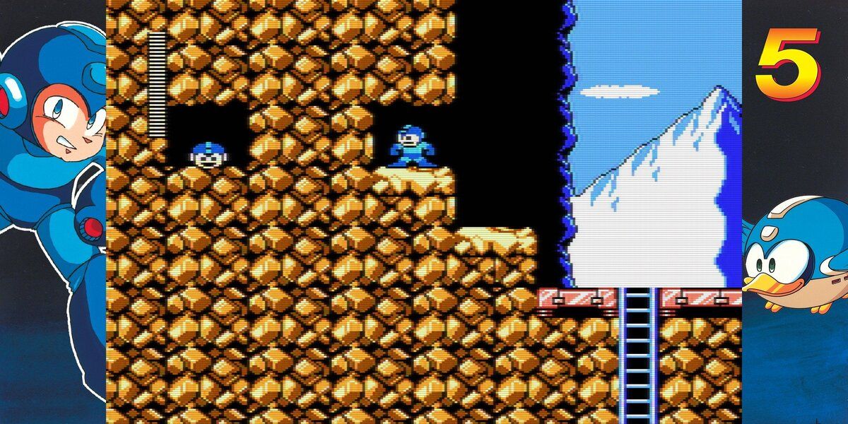 Mega Man climbing terrain with life nearby