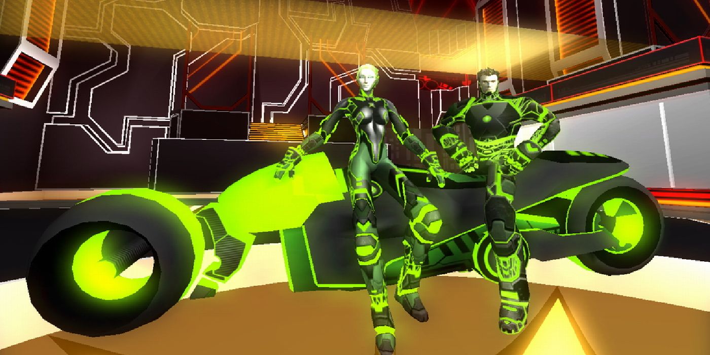 Two Programs in neon green suits next to their Light Cycles.