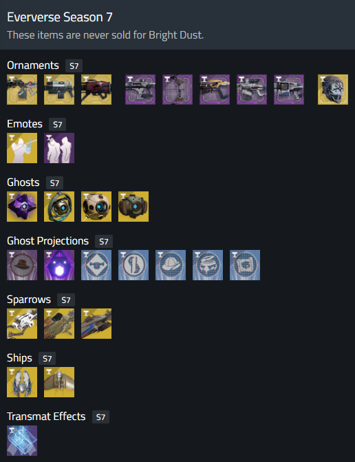 Destiny 2: Every Season 7 Eververse Item That Won't Be Sold for Bright Dust