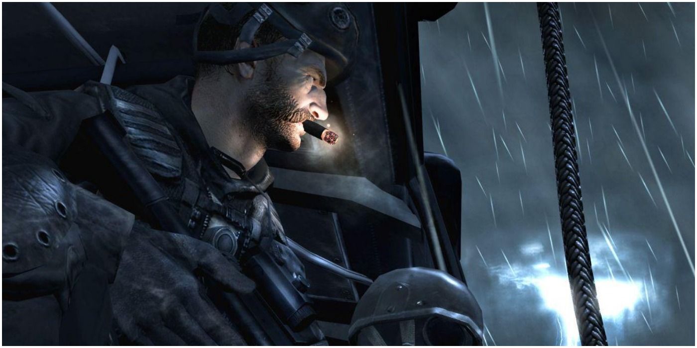 Captain Price looking out a helicopter