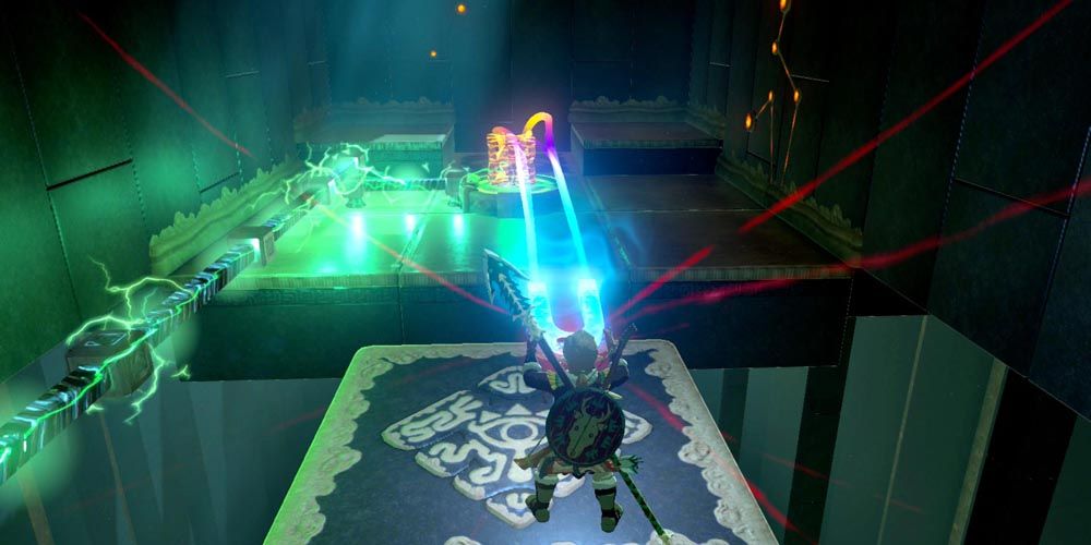 Legend of Zelda: Breath of the Wild: Link using runes on platform in dark Dako Tah Shrine