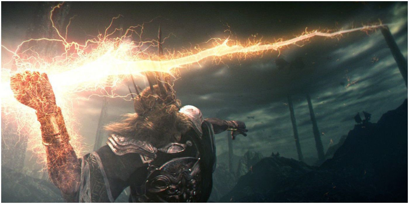 Dark Souls Gwyn cutscene showing a lightning spear and the death of dragons.