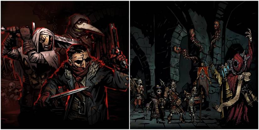 Darkest Dungeon Split Image Showcasing Art Style Highwayman Monsters Plague Doctor Leper