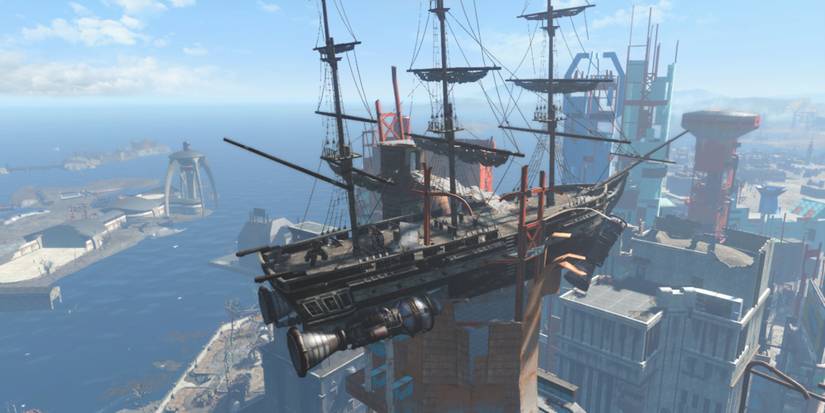 A screenshot of a flying ship in Fallout 4