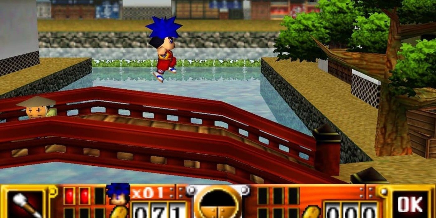 Goemon's Great Adventure gameplay of Ninja hopping across bridge 