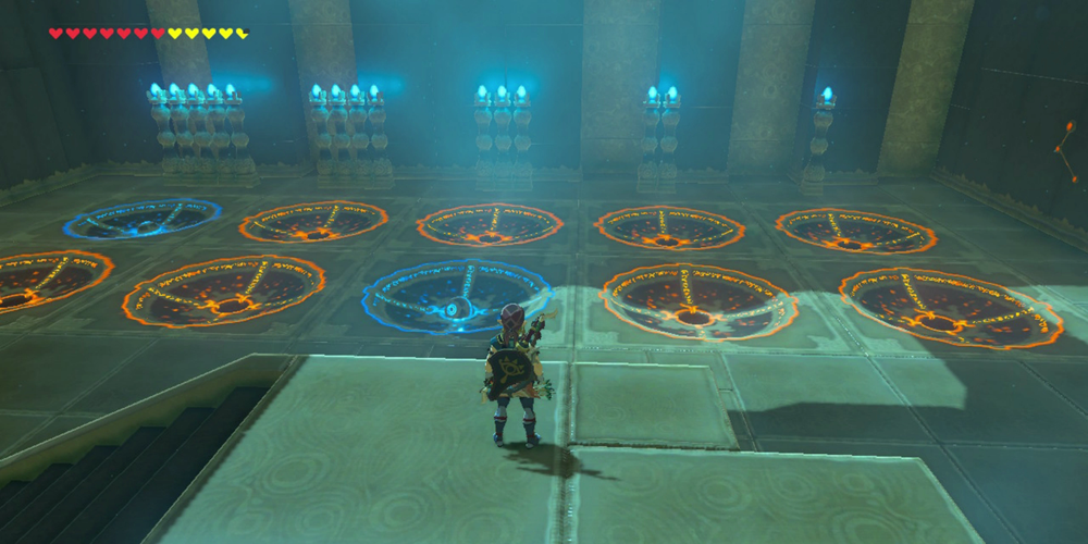 Legend of Zelda: Breath of the Wild Link solving colored orb platform puzzle in the Keo Ruug Shrine