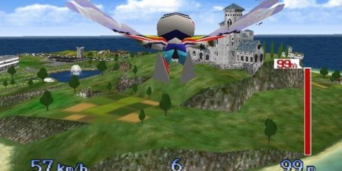 Pilot Wings 64 Birdman soaring through the air
