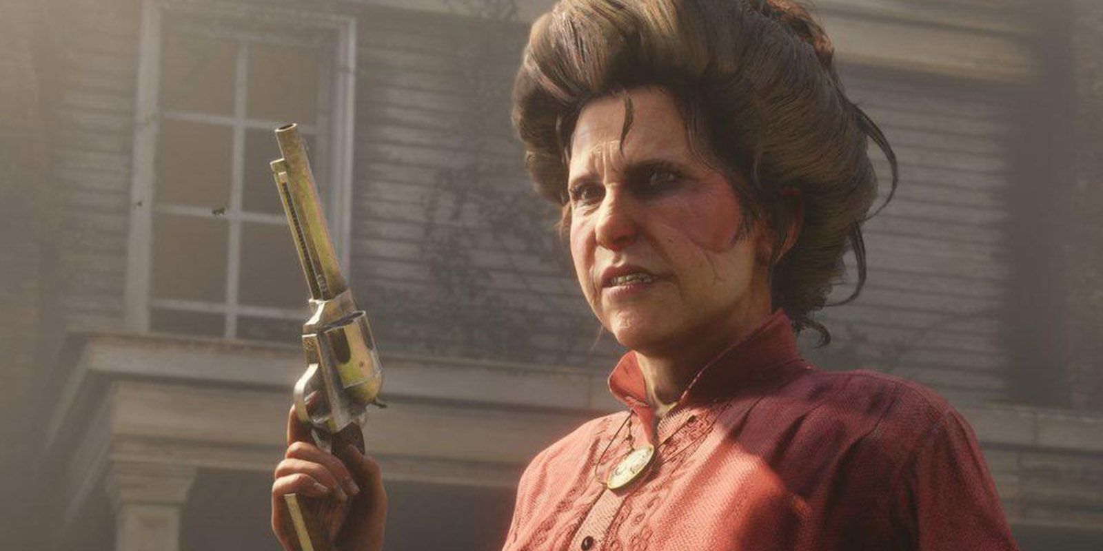 Mrs. Grimshaw holding gun in Red Dead Redemption 2