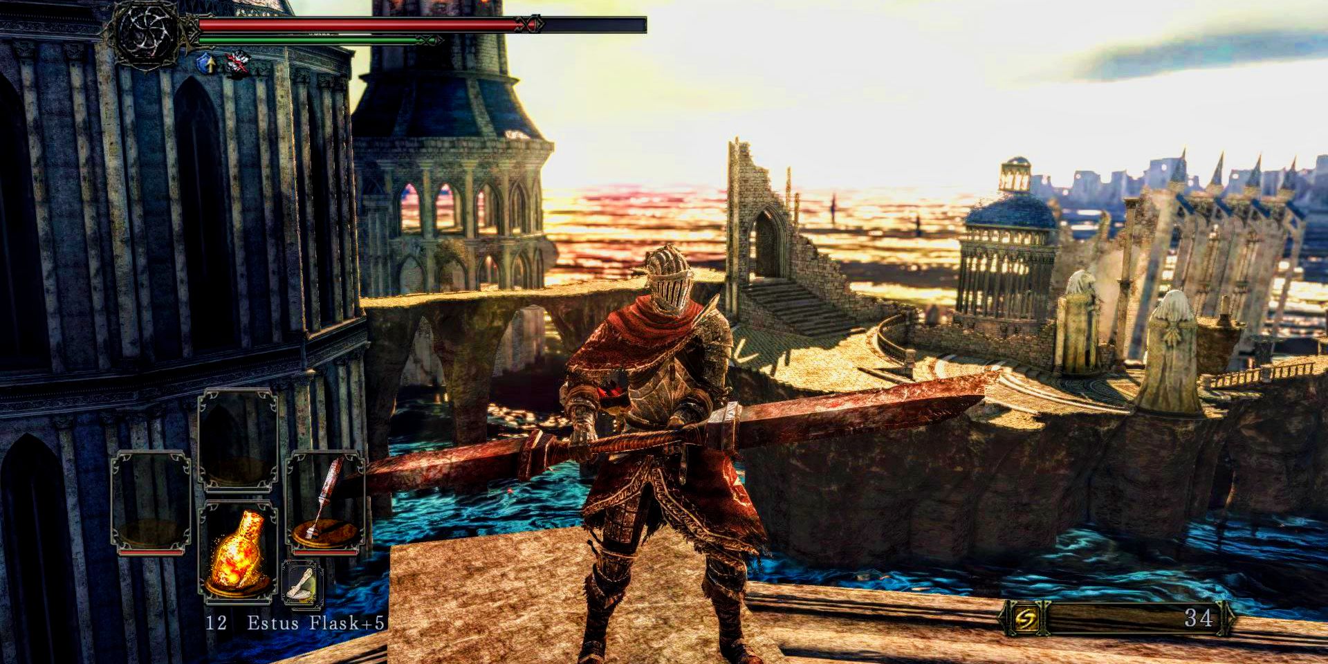 player holding the rusty red-orange red iron twinblade weapon in heide's tower of flame area