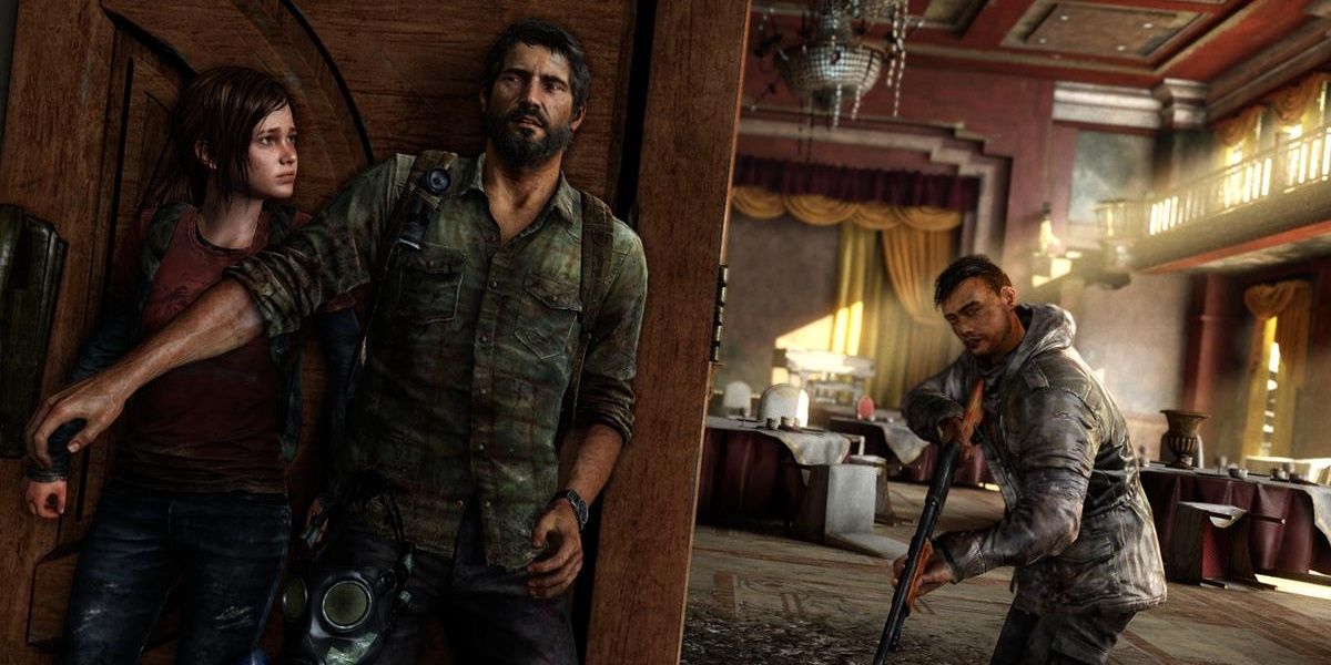 Joel and Ellie hide from attackers in the last of us
