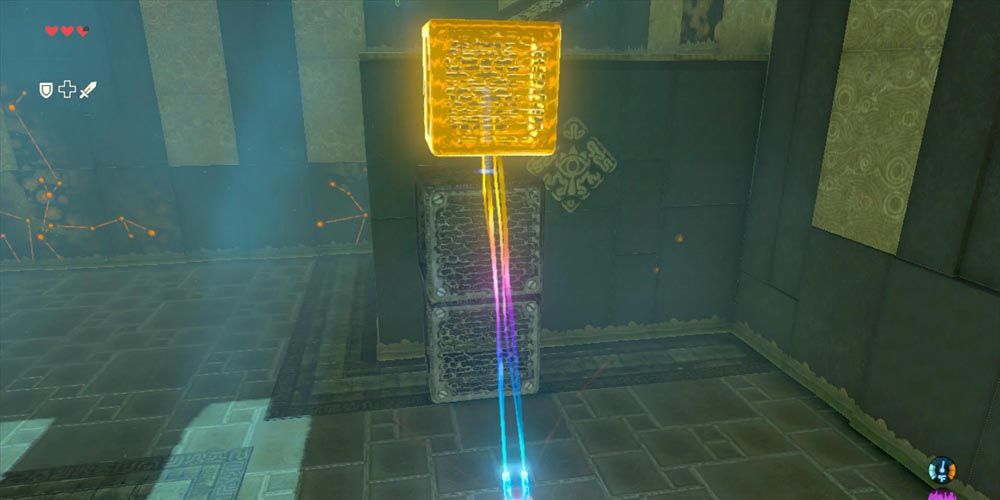 Legend of Zelda: Breath of the Wild Link stacking blocks with Magnesis in the Wahgo Katta Shrine