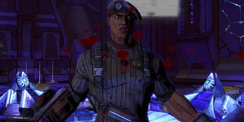 Roland being shot in Borderlands 3 with blood splatter on screen