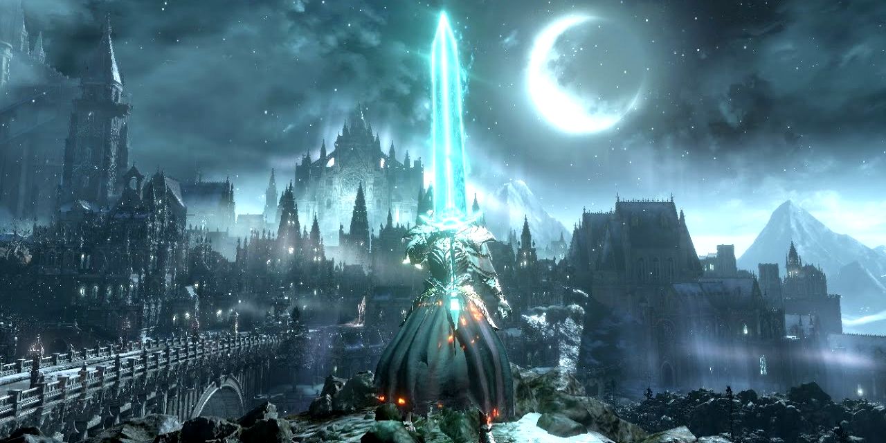casting blue-green sorcery in front of irithyll of the boreal valley in dark souls 3
