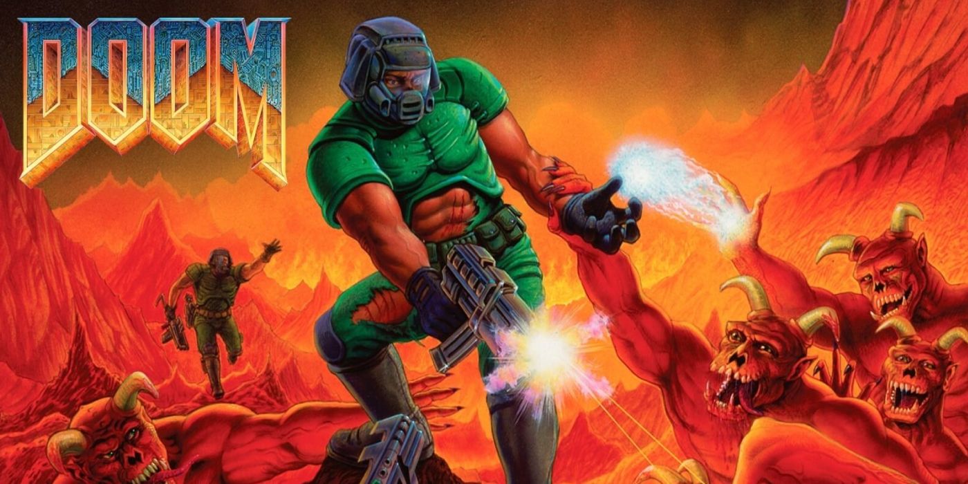 Обложка DOOM с изображением Doomguy, стреляющего в демонов