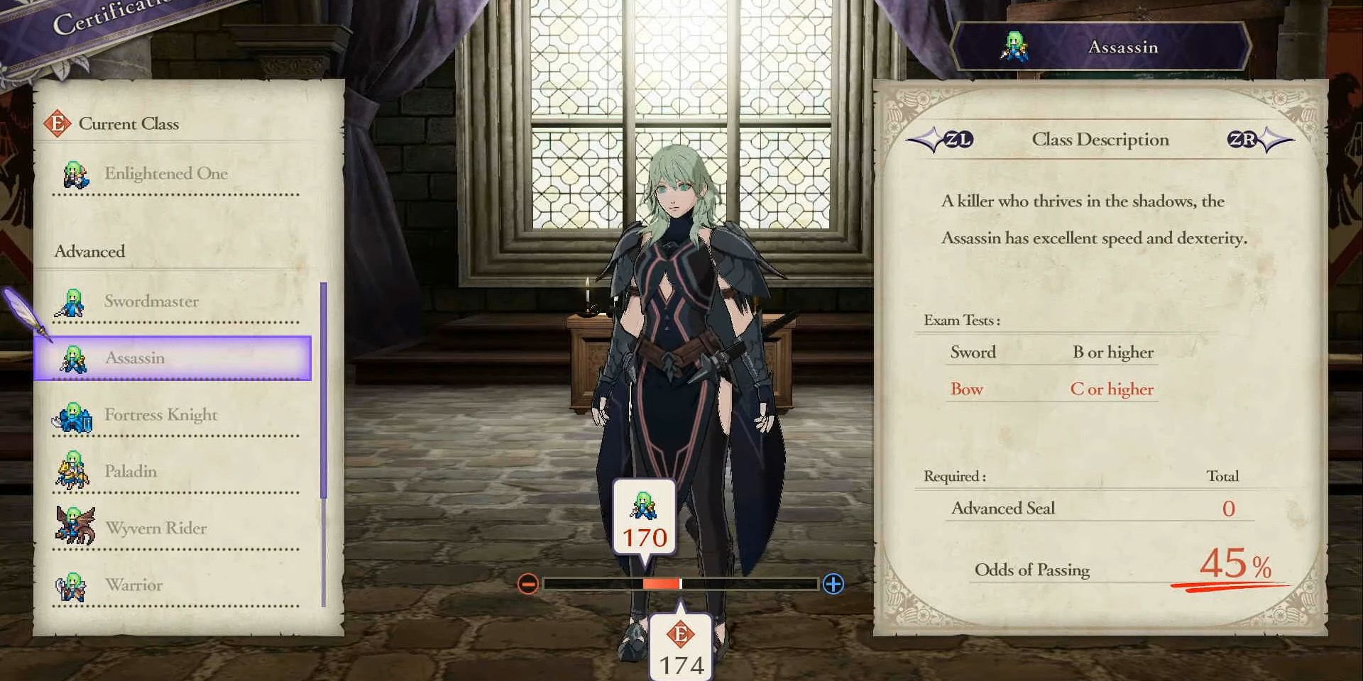Female Byleth using the Assassin class in Fire Emblem: Three Houses