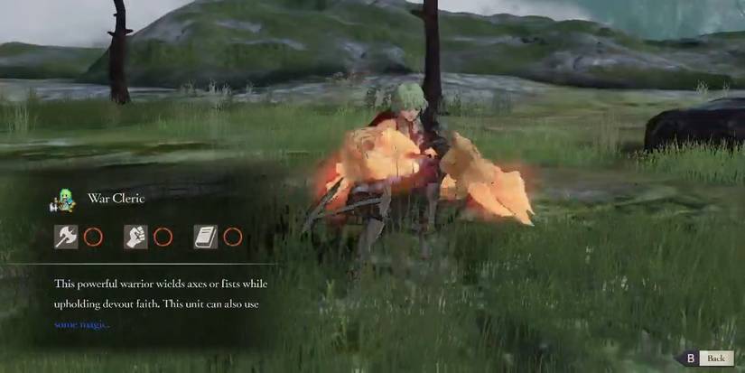 Female Byleth using the War Cleric class in Fire Emblem: Three Houses