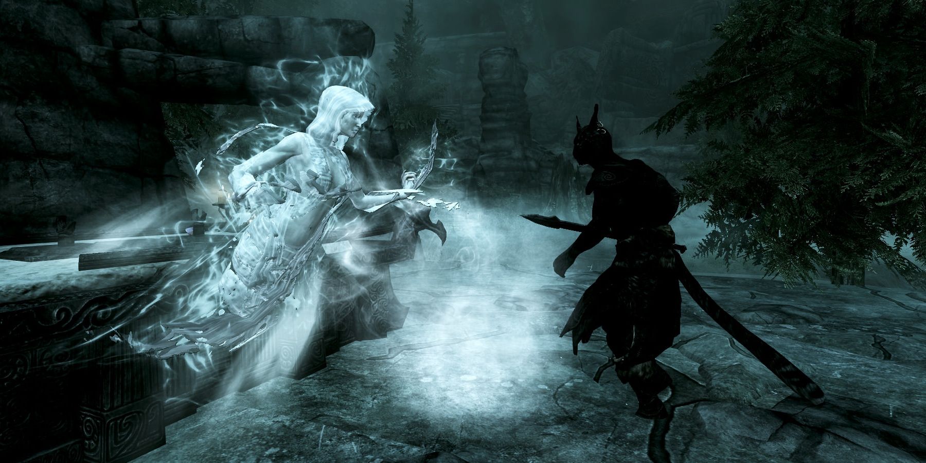 The Dragonborn Fighting The Pale Lady At Night