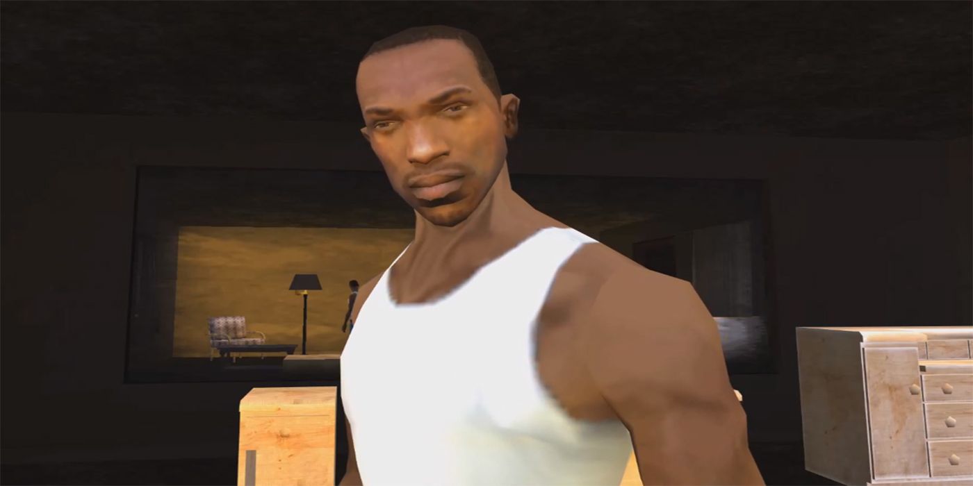 CJ in a White Tank Top Standing in a Room GTA San Andreas