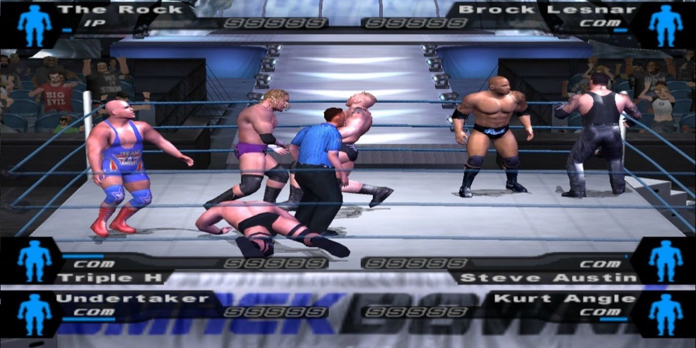 6-man tornado tag with Kurt Angle, Undertaker, The Rock, Brock Lesnar, and Triple H