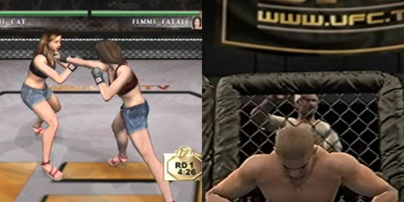 (Left) Two women fighting (Right) Male fighter resting