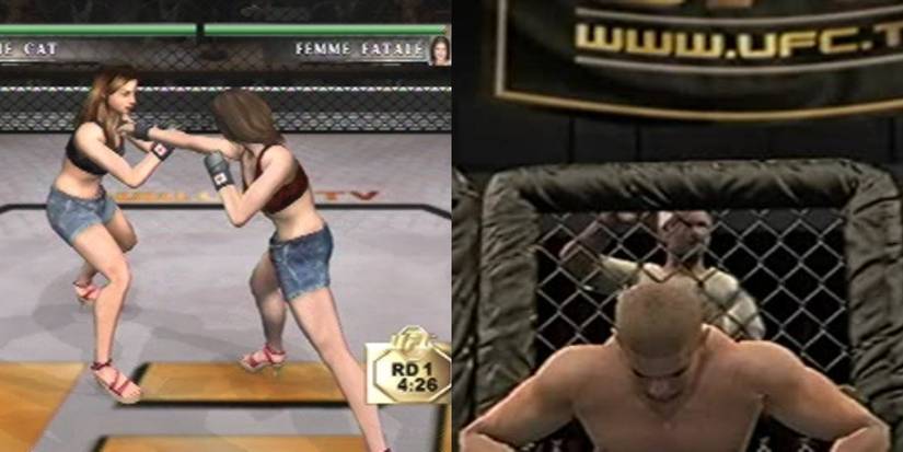 (Left) Two women fighting (Right) Male fighter resting