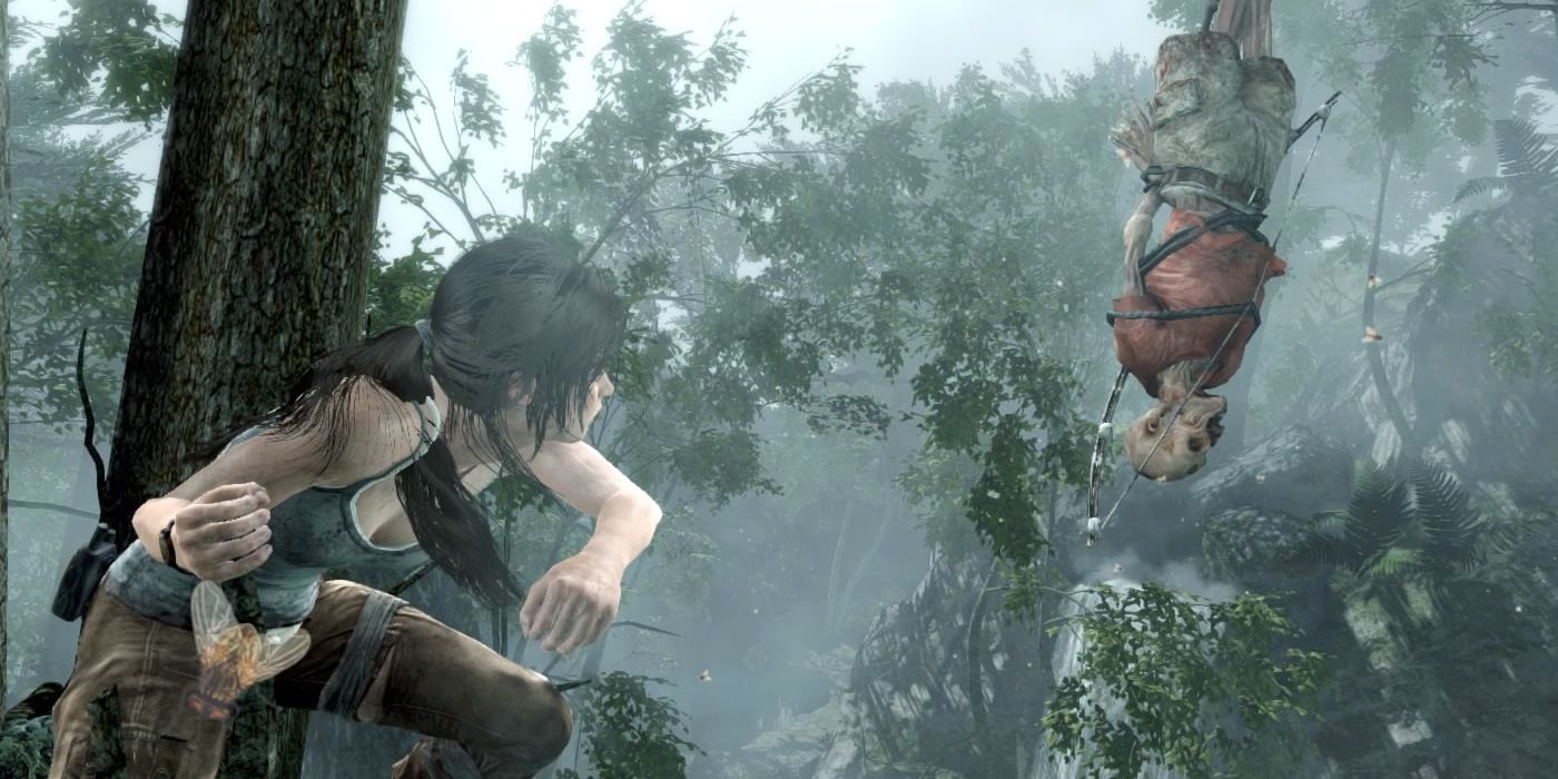 Lara Croft seeing a dead body