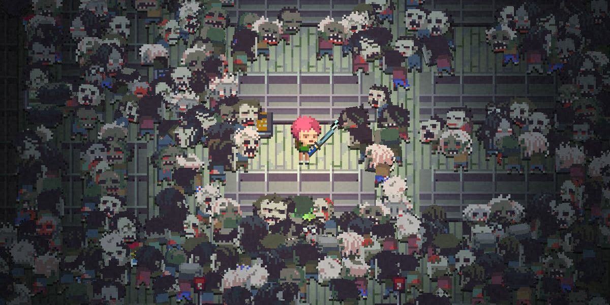 swarm of zombies surrounding hero in Death Road to Canada