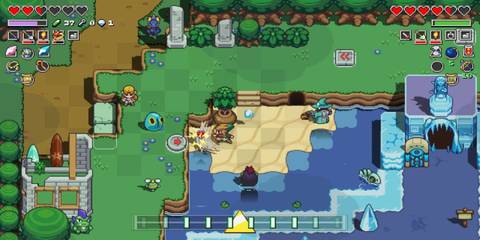 Slashing enemies on sandy beach in Cadence of Hyrule