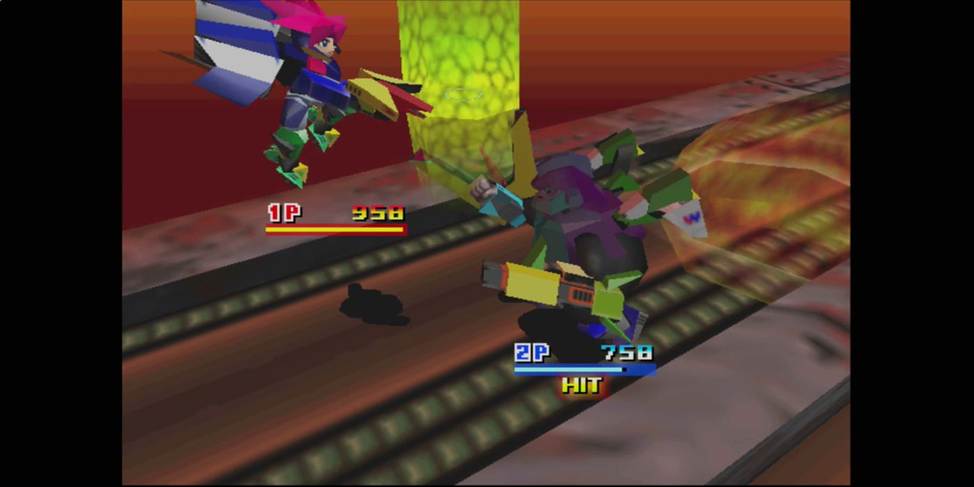 Two mechs fighting against a drab background. Each mech has its health stats shown.