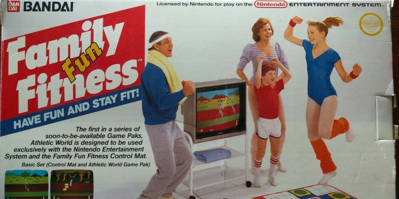 Stadium Events NES boxart promo family in fitness gear playing on tube TV dance mat