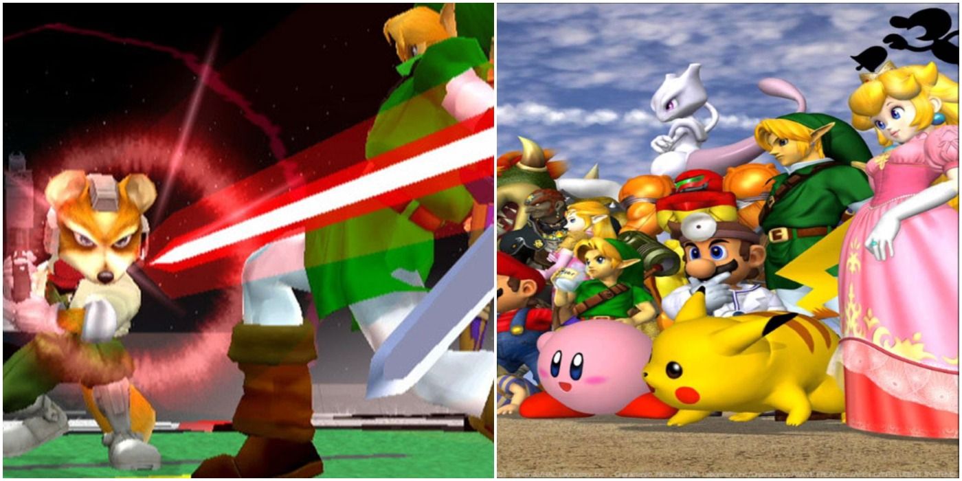 Split image of Fox firing laser and all characters posing promo art in Super Smash Bros Melee
