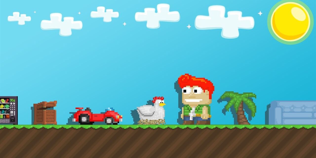 Growtopia cheery 2d platforming stage with red head and chicken