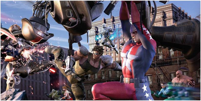 MMO City of Heroes Characters Fighting Robots