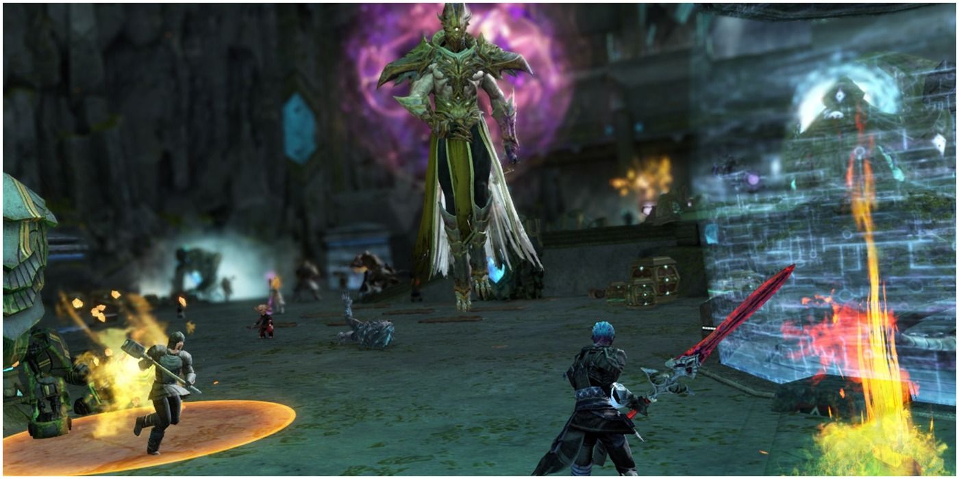 MMO Guild Wars 2 Multiple Characters Engaged in Combat