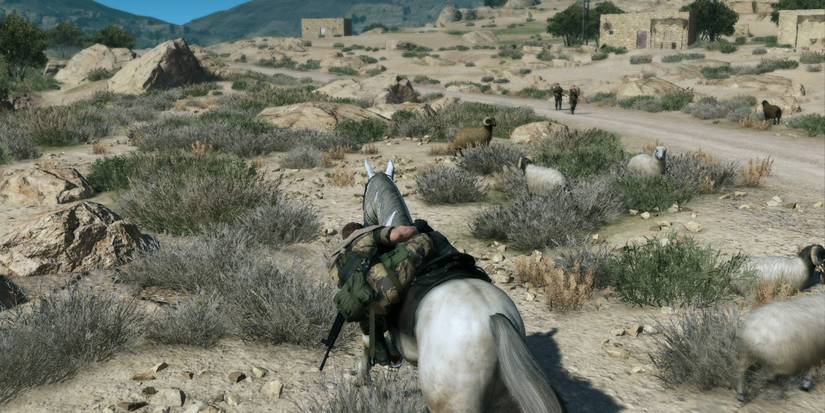 Metal Gear Solid v riding a horse hiding from soviet soldiers