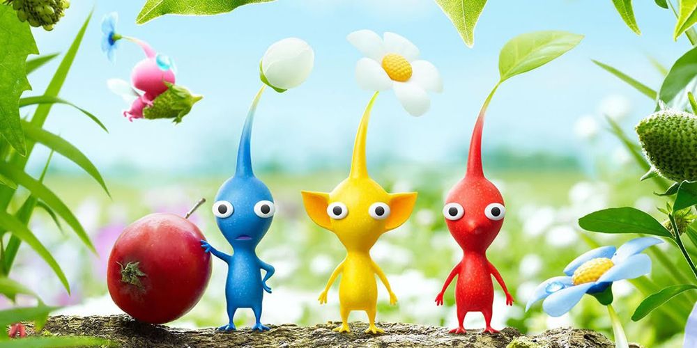 A blue, yellow, and red Pikmin standing in a row. A tiny pink Pikmin flies in the upper-left corner, carrying a seed. The blue Pikmin leans against a red berry.