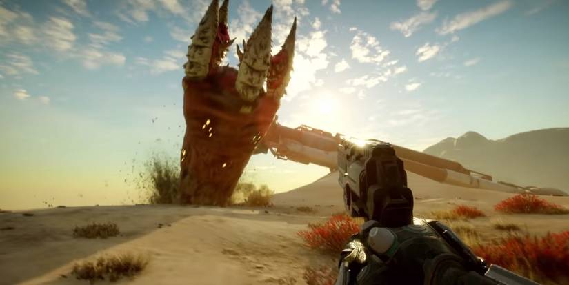 Rage 2 pistol looking at the sunset in first-person