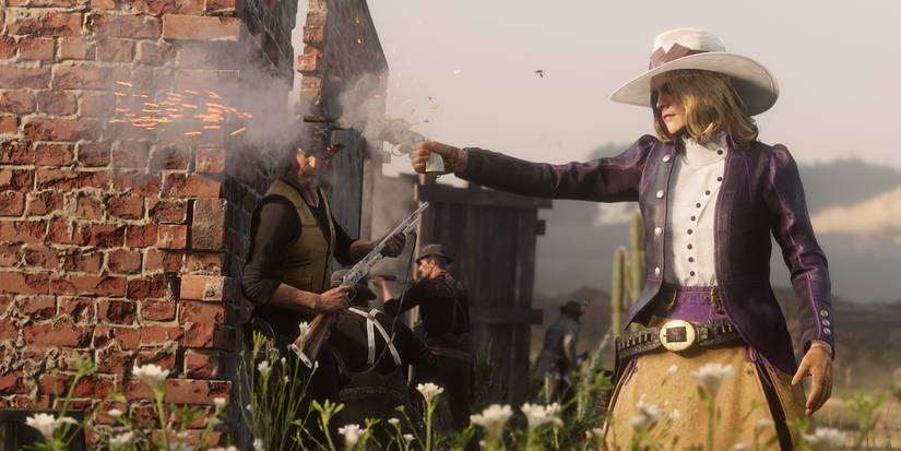 Red Dead Online shooting gun with purple jacket
