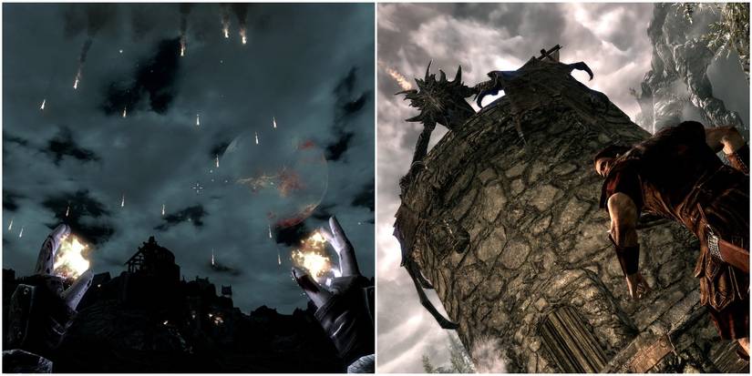 Skyrim Meteors and Alduin in Helgen