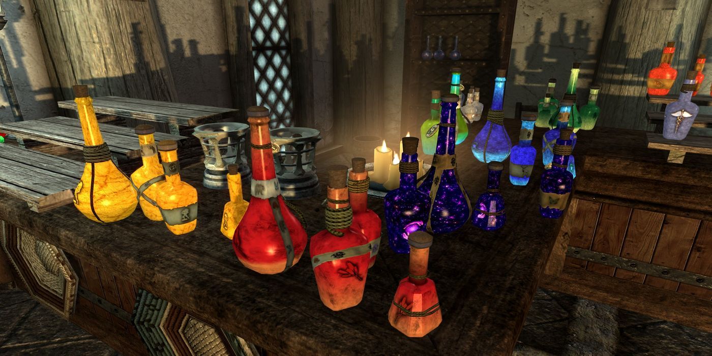 many different potions on a table.