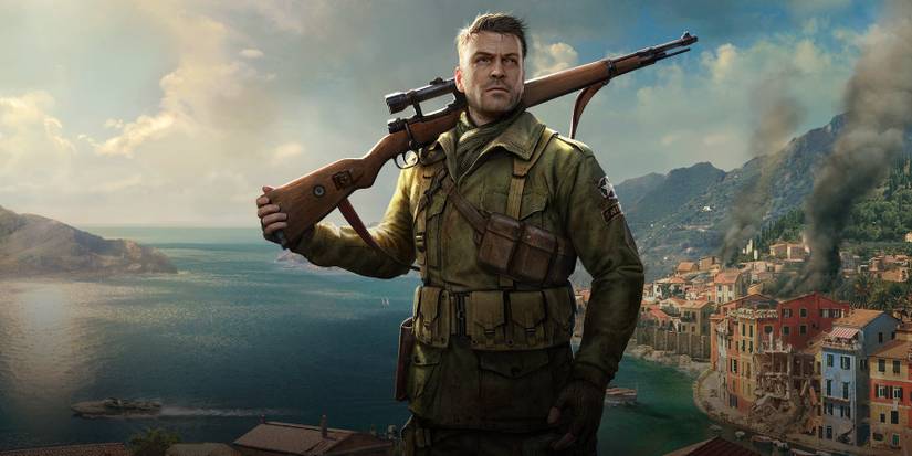 Sniper Elite 4 cover - Karl standing with the island of San Celin in the background