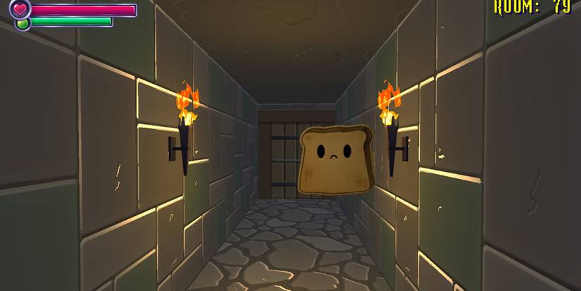 A piece of bread with a sad face on it at the end of a corridor in Spooky's Jump Scare Mansion