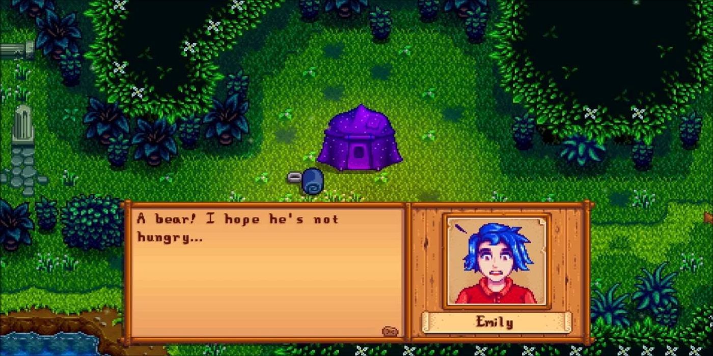 pixel art - stardew valley, video game dialogue box from emily with a woodland background that says 'A bear! I hope he's not hungry...'