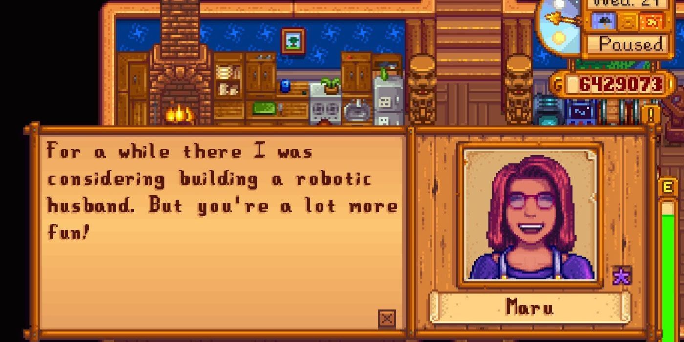 Stardew Valley Maru during a post-marriage dialogue, saying ;For a while there I was considering building a robotic husband. But you're a lot more fun!'