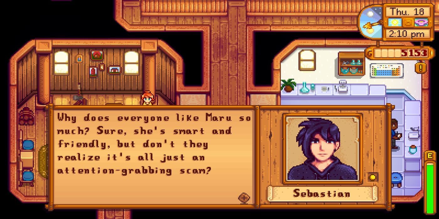 Pixel art - stardew valley video game dialogue of sebastian saying 'why does everyone like Maru so much? Sure, she's smart and friendly, but don't they realize it's all just an attention grabbing scam?'